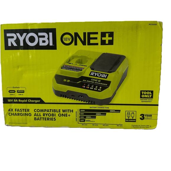 Ryobi One+18 Volt 8A Rapid Battery Charger PCG008 W/ USB-C and USB-A Ports - Picture 2 of 7
